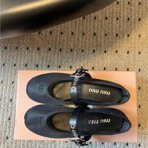 Miu Miu Black Leather Flats with Buckle Detail